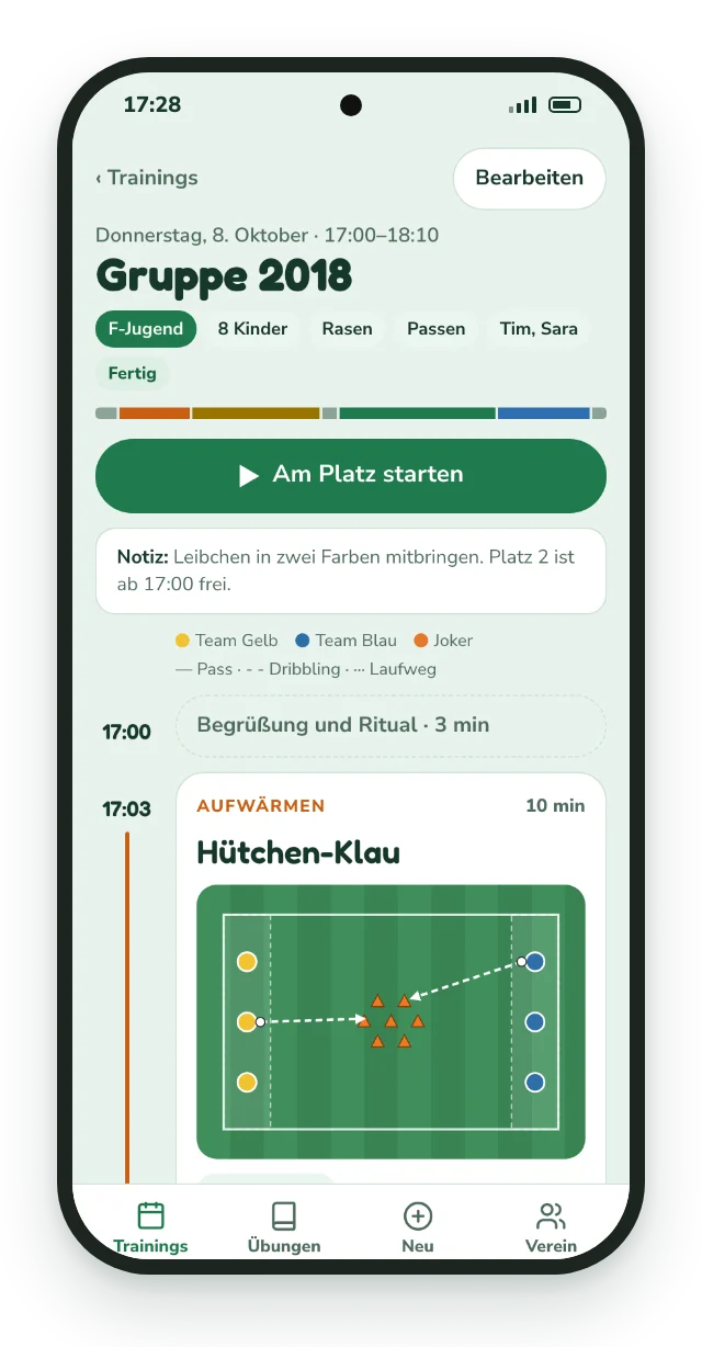Trainingsplan mit Zeitleiste und Spielfeld-Skizze